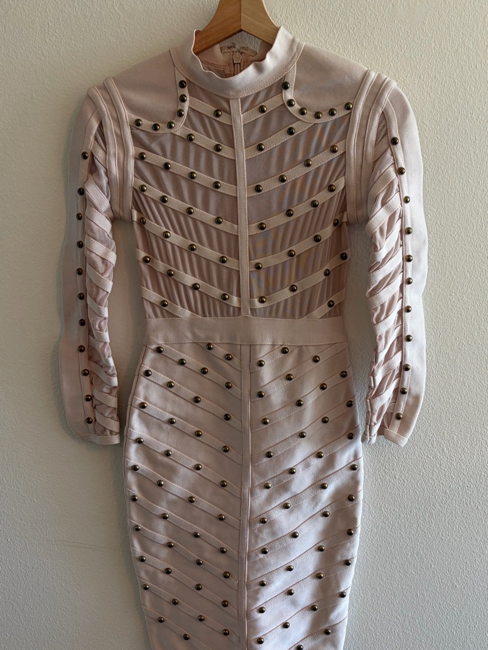 Studded Pale Pink Long Sleeve Bodycon Dress